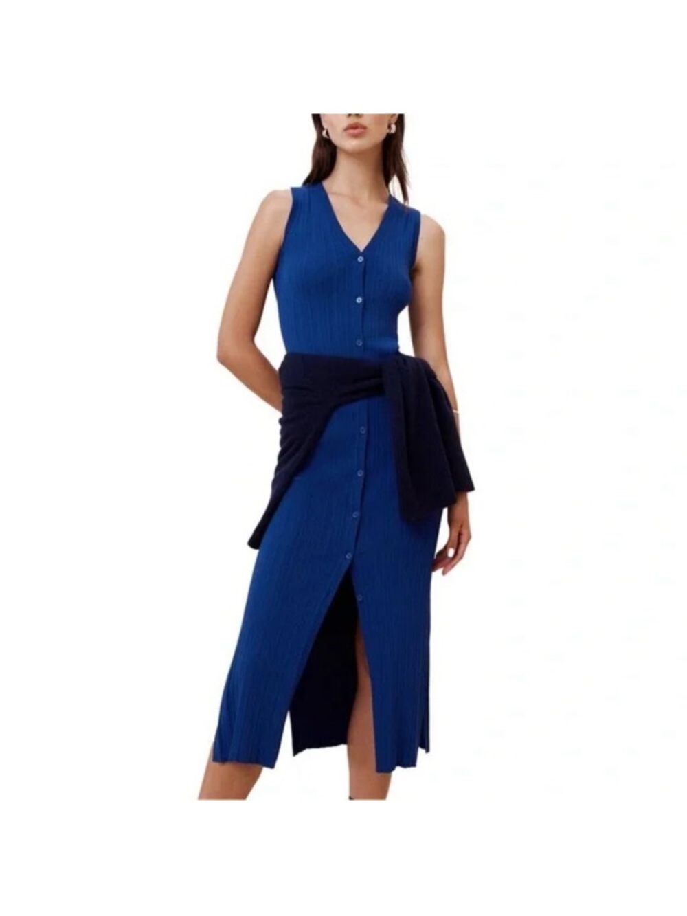 Sleeveless Button-Front Knit Maxi Dress - Blue size M